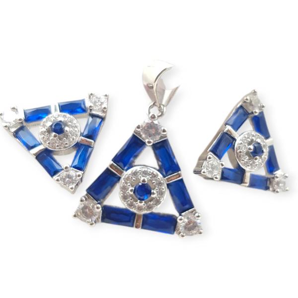 Elegant 925 Sterling Silver Pendant Set in Triangle shape with Beautiful Blue and white Stone